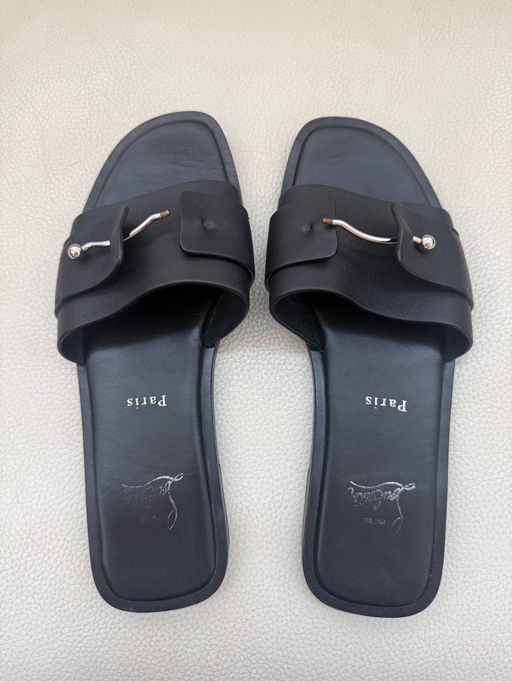 Christian Louboutin Chambelimule Donna Flat Black Calf Leather Slide Sandal 38.5